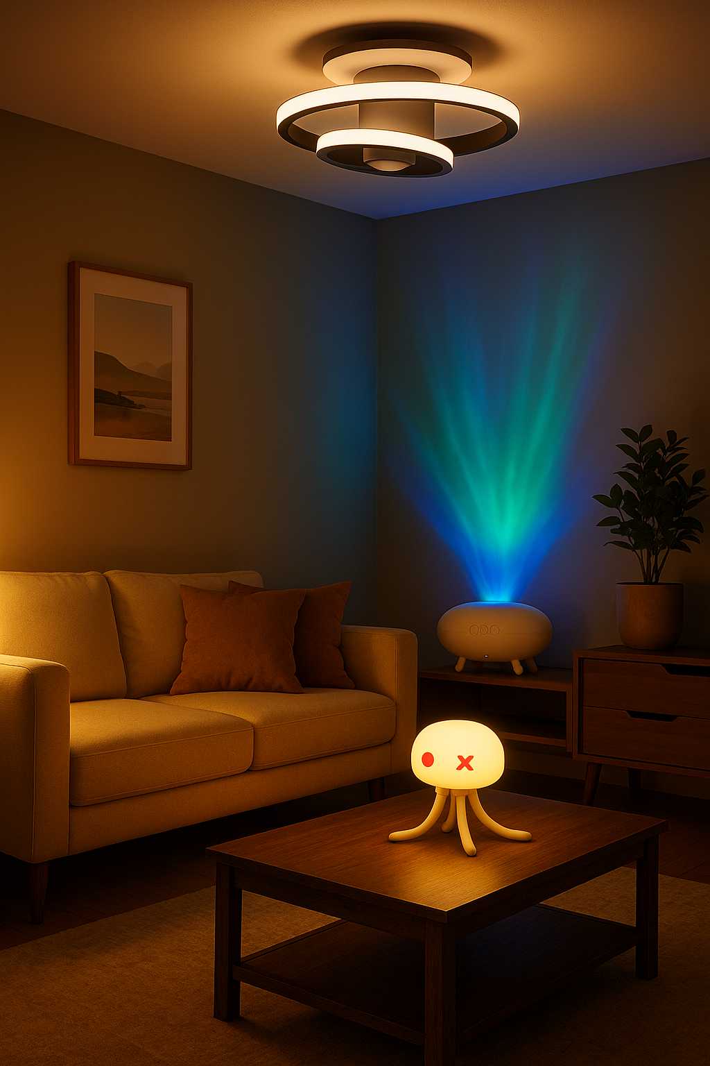 Living room with a lamp on a table casting colorful light