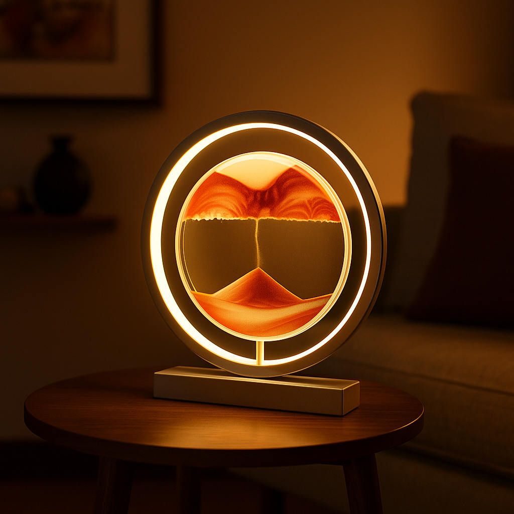 Decorative lamp with a circular design on a wooden table in a dimly lit room.