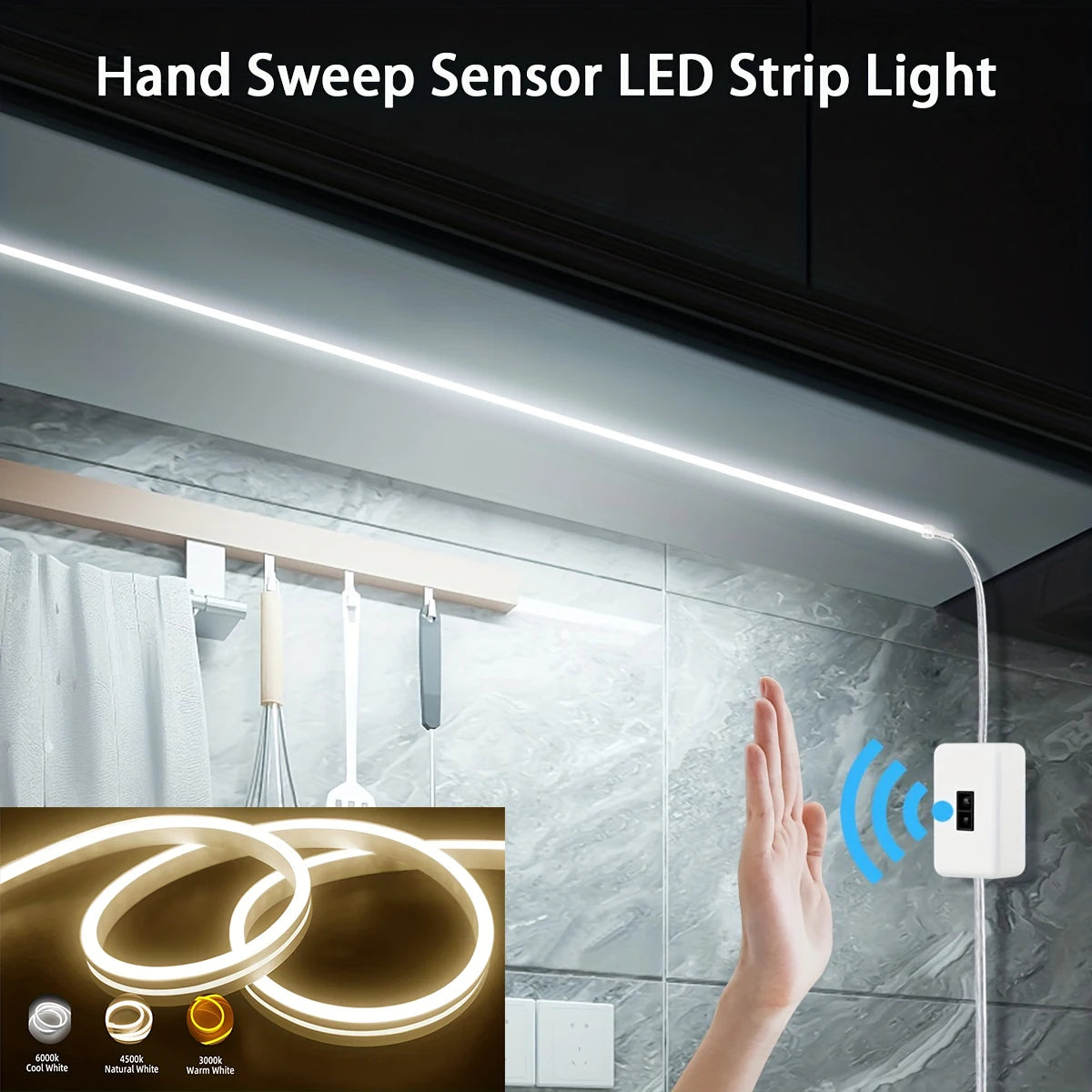 Hand sweep sensor LED strip light with a hand gesture and close-up of LED strip.
