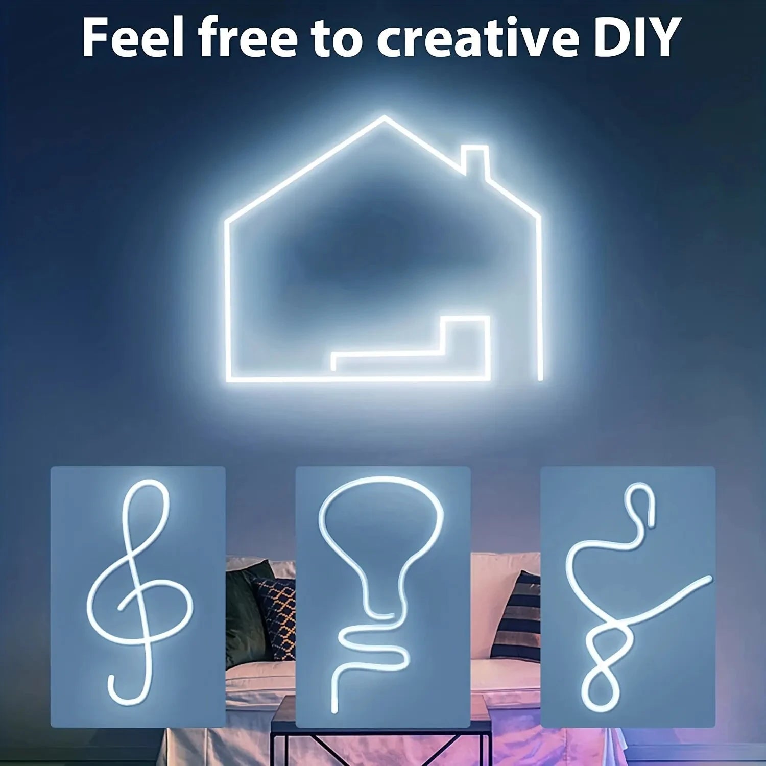 Neon light shaped like a house with decorative symbols on a dark background