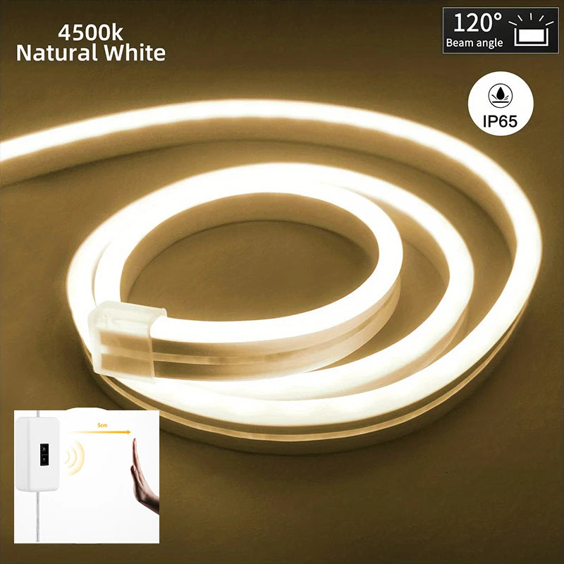 LED strip light with specifications on a brown background