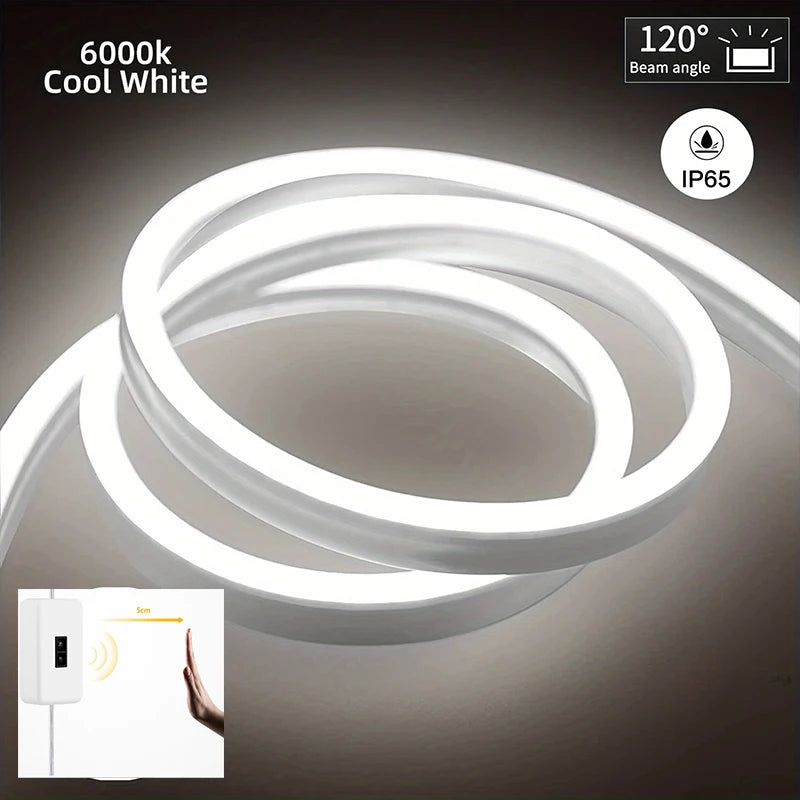 LED strip light with specifications on a dark background