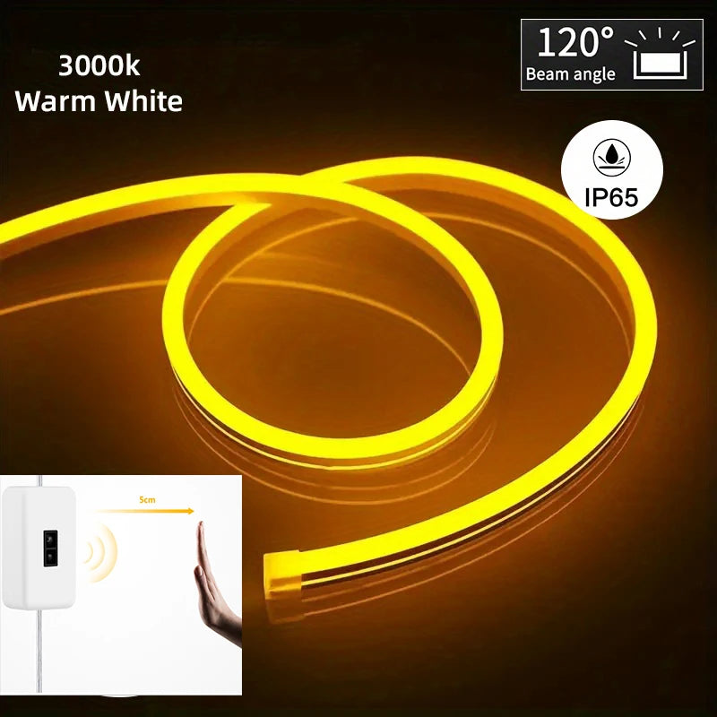 Yellow LED strip light with control unit on a dark background