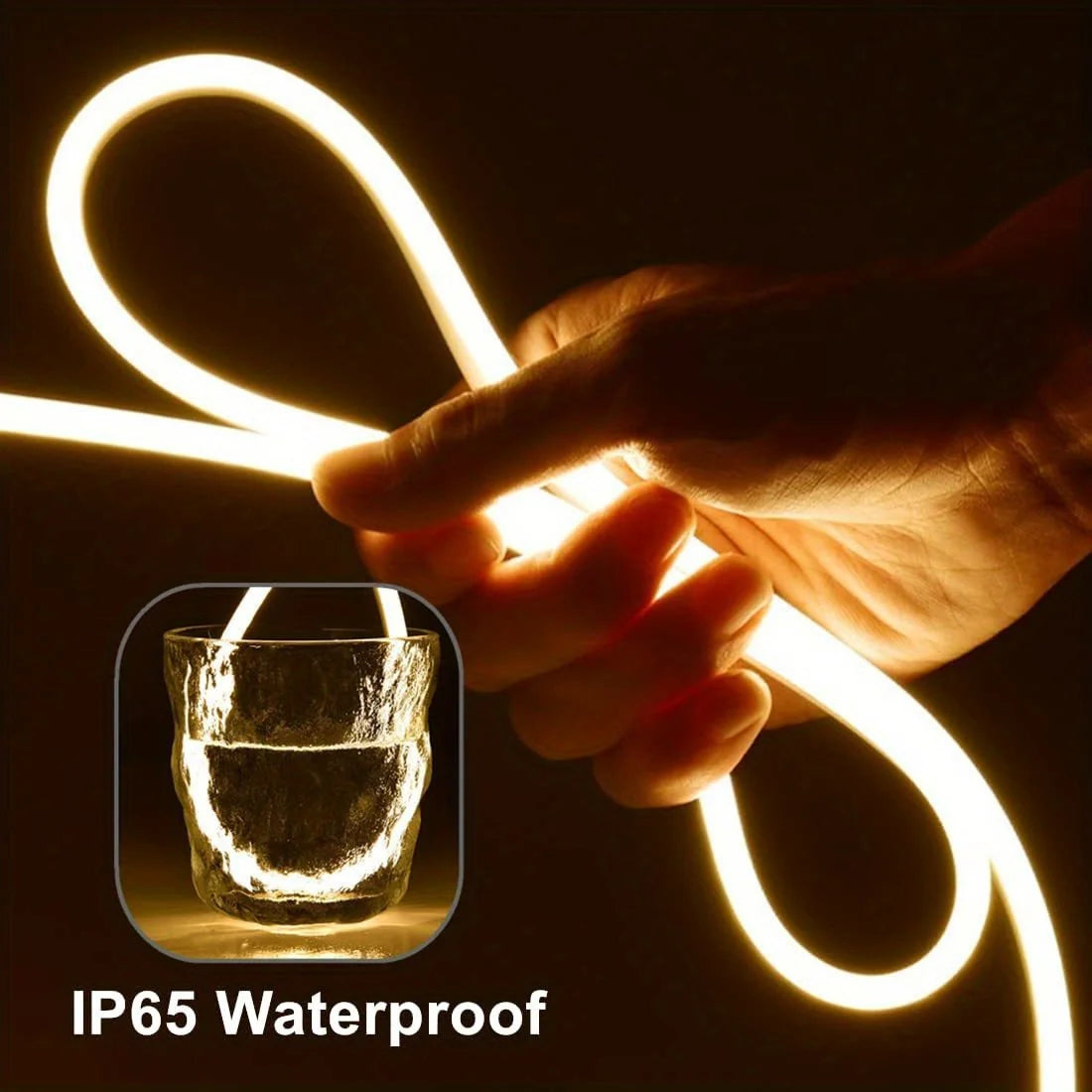 Hand holding a illuminated cable with an inset showing water resistance, labeled IP65 waterproof.