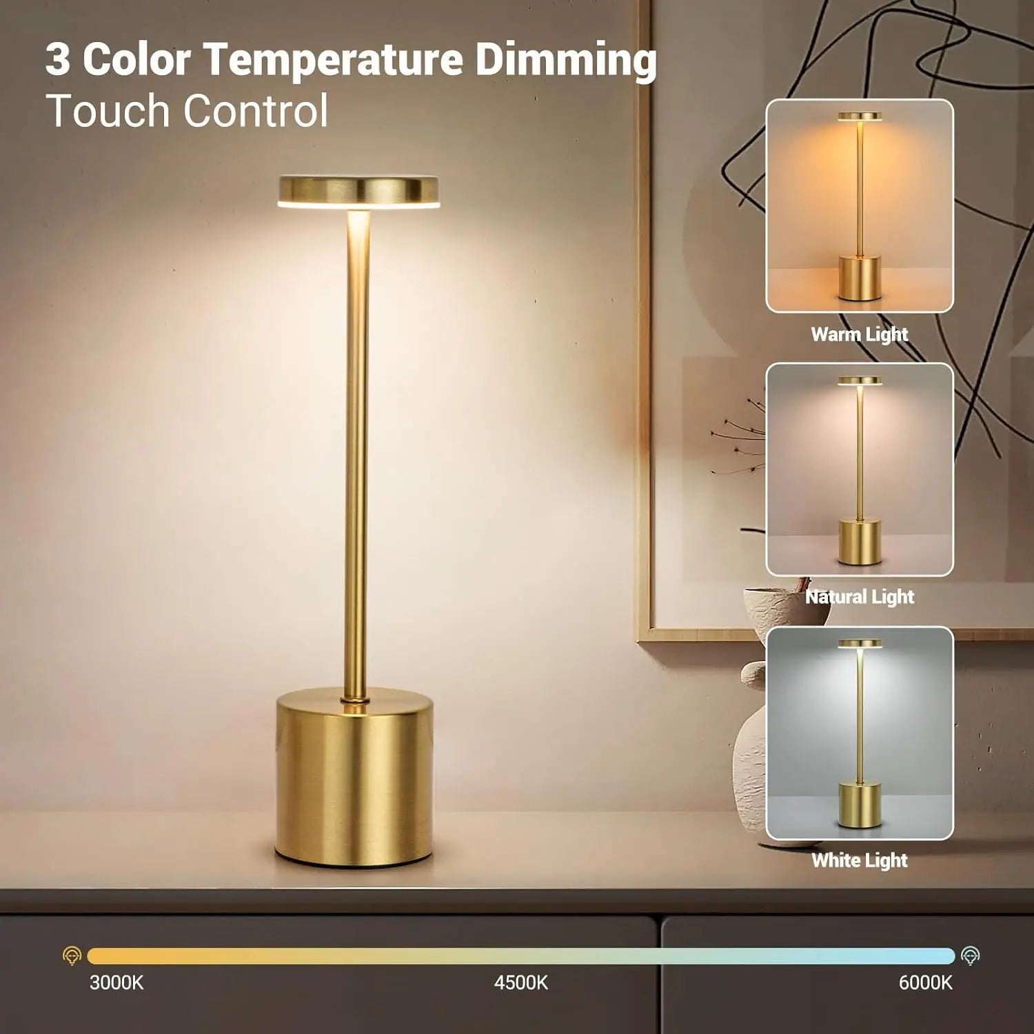 Gold table lamp with 3 color temperature dimming options on a neutral background