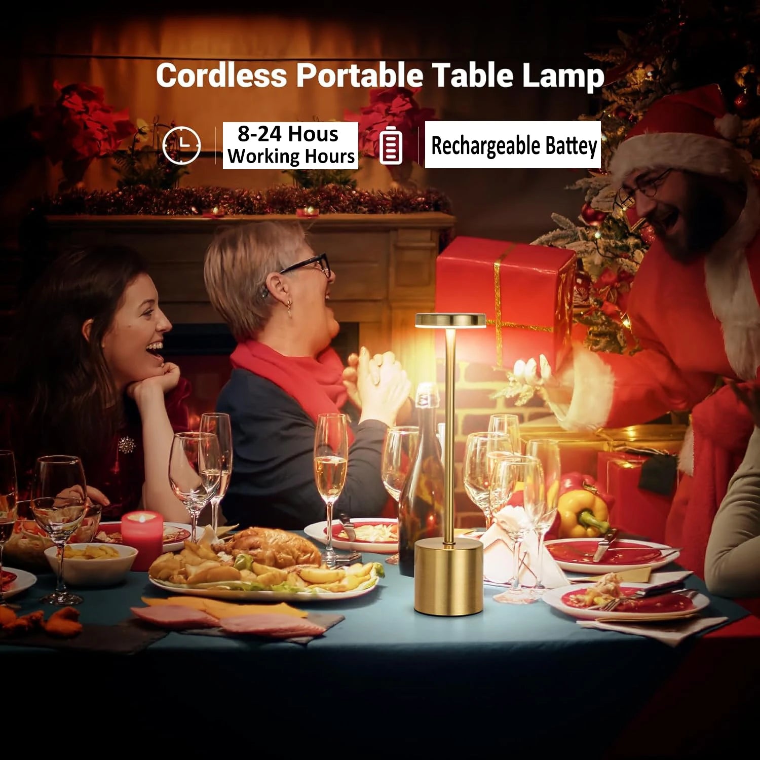 Cordless portable table lamp on a festive table with people enjoying a meal.