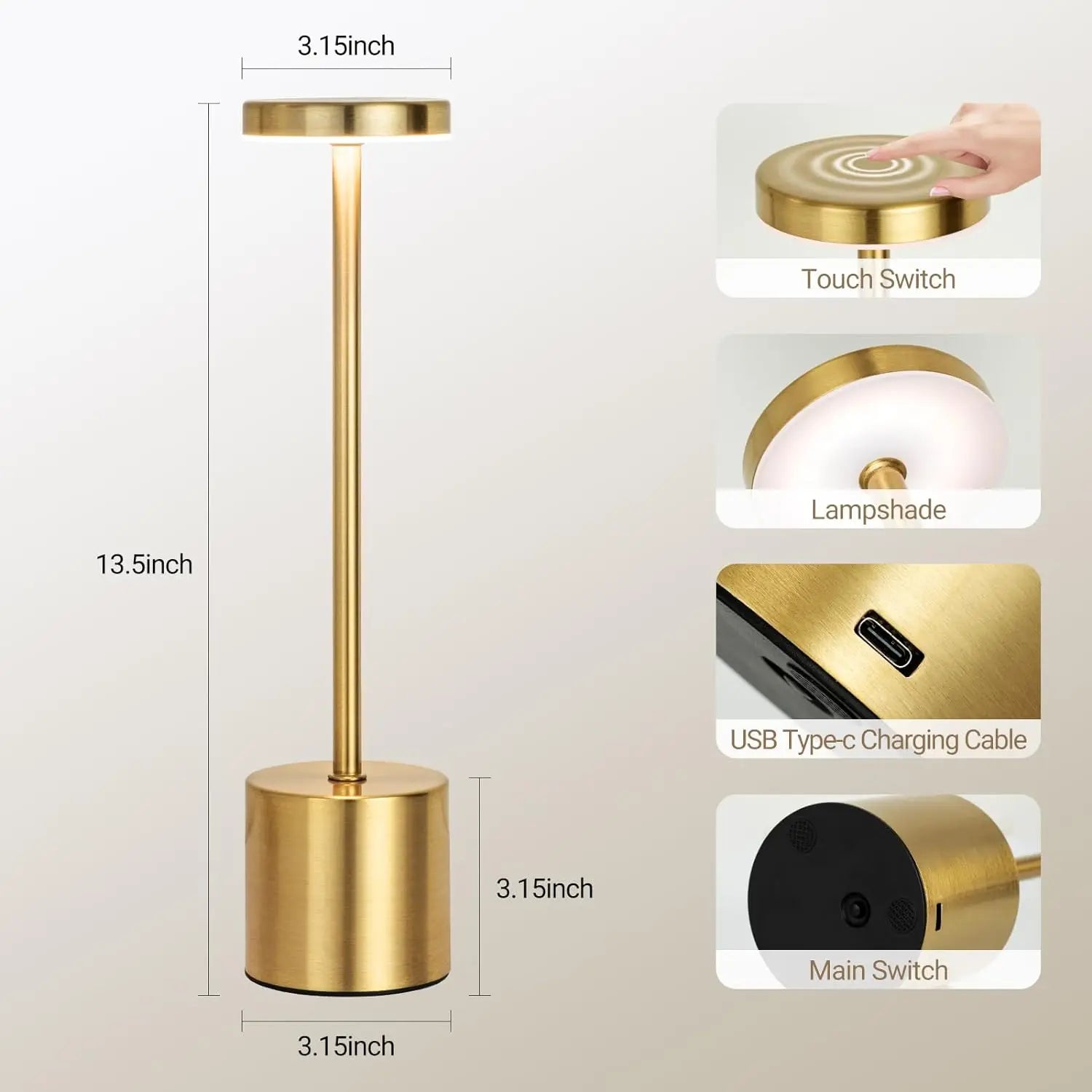 Gold lamp with dimensions and features highlighted on a beige background