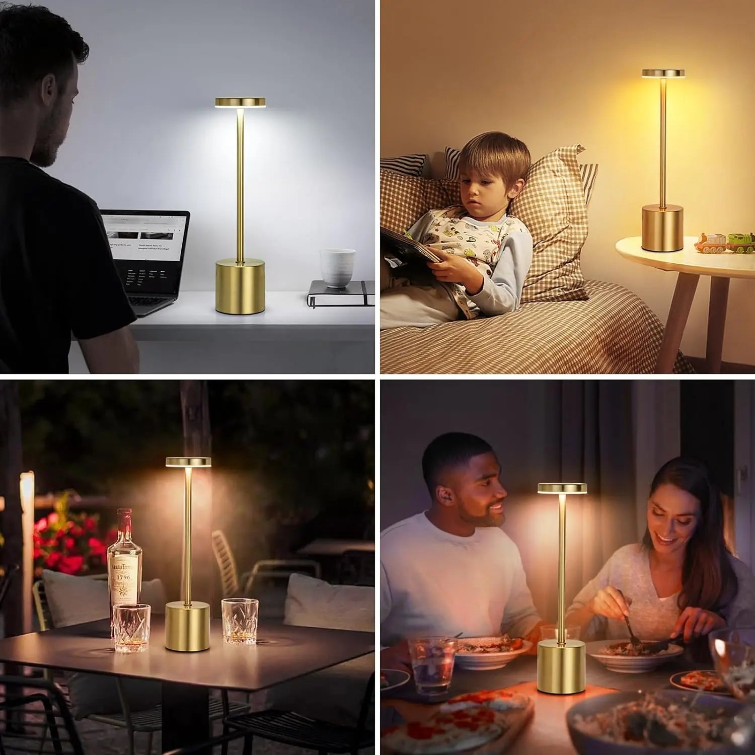 Collage of a gold table lamp in various settings including a person working, a child reading, a couple dining, and a romantic dinner.
