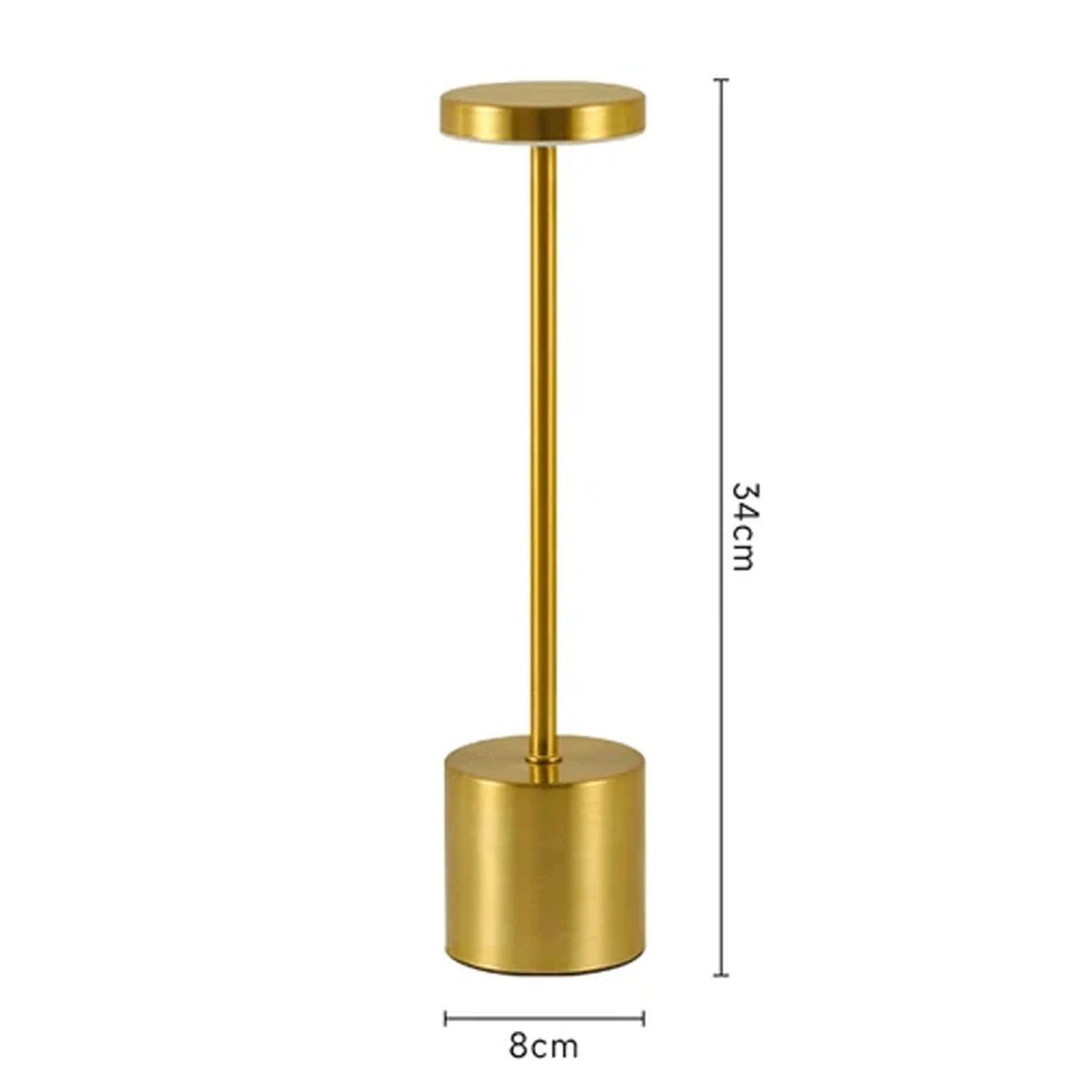 Gold cylindrical object with dimensions on a white background